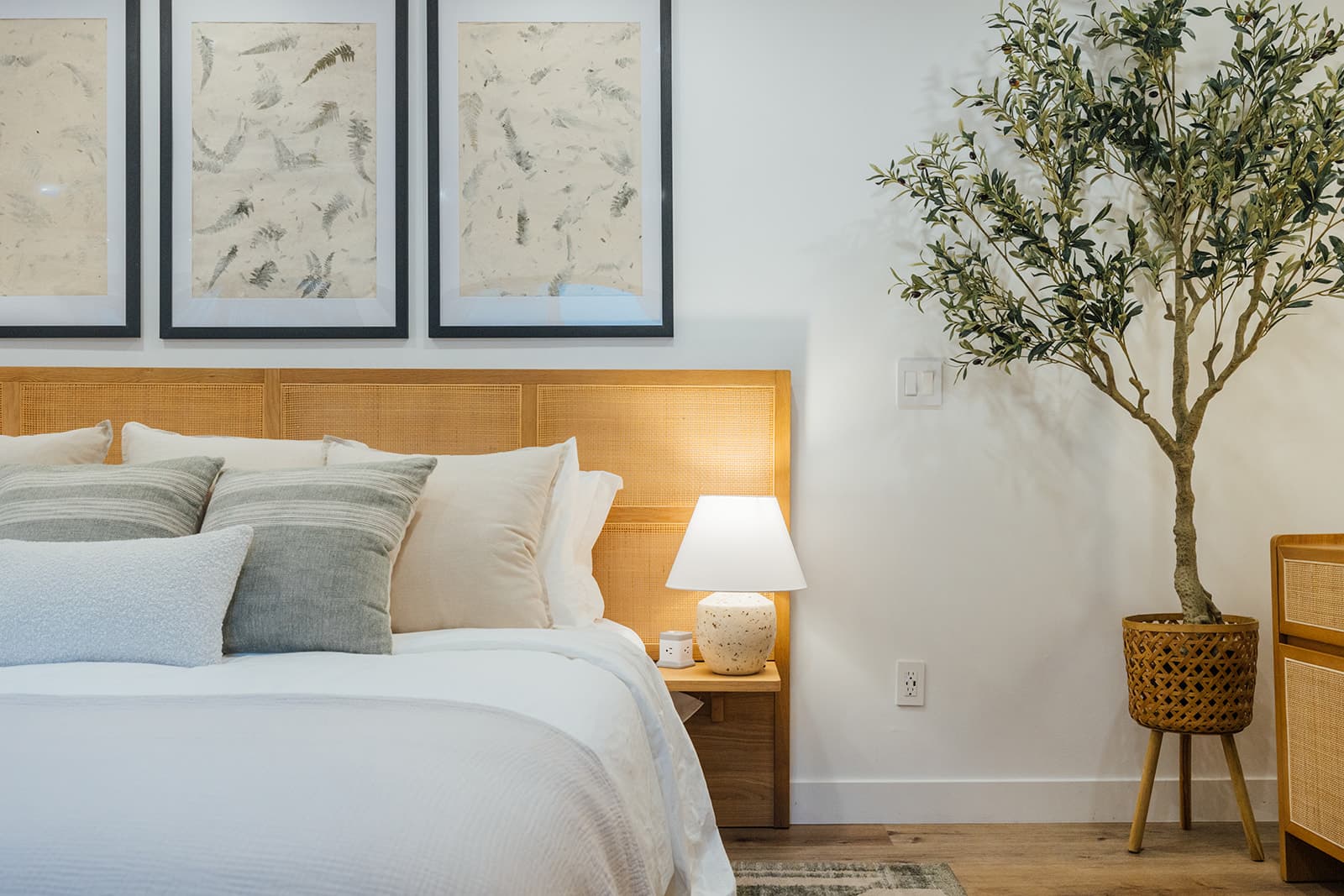 The primary bedroom: a king bed with a cane headboard and an olive tree in the corner