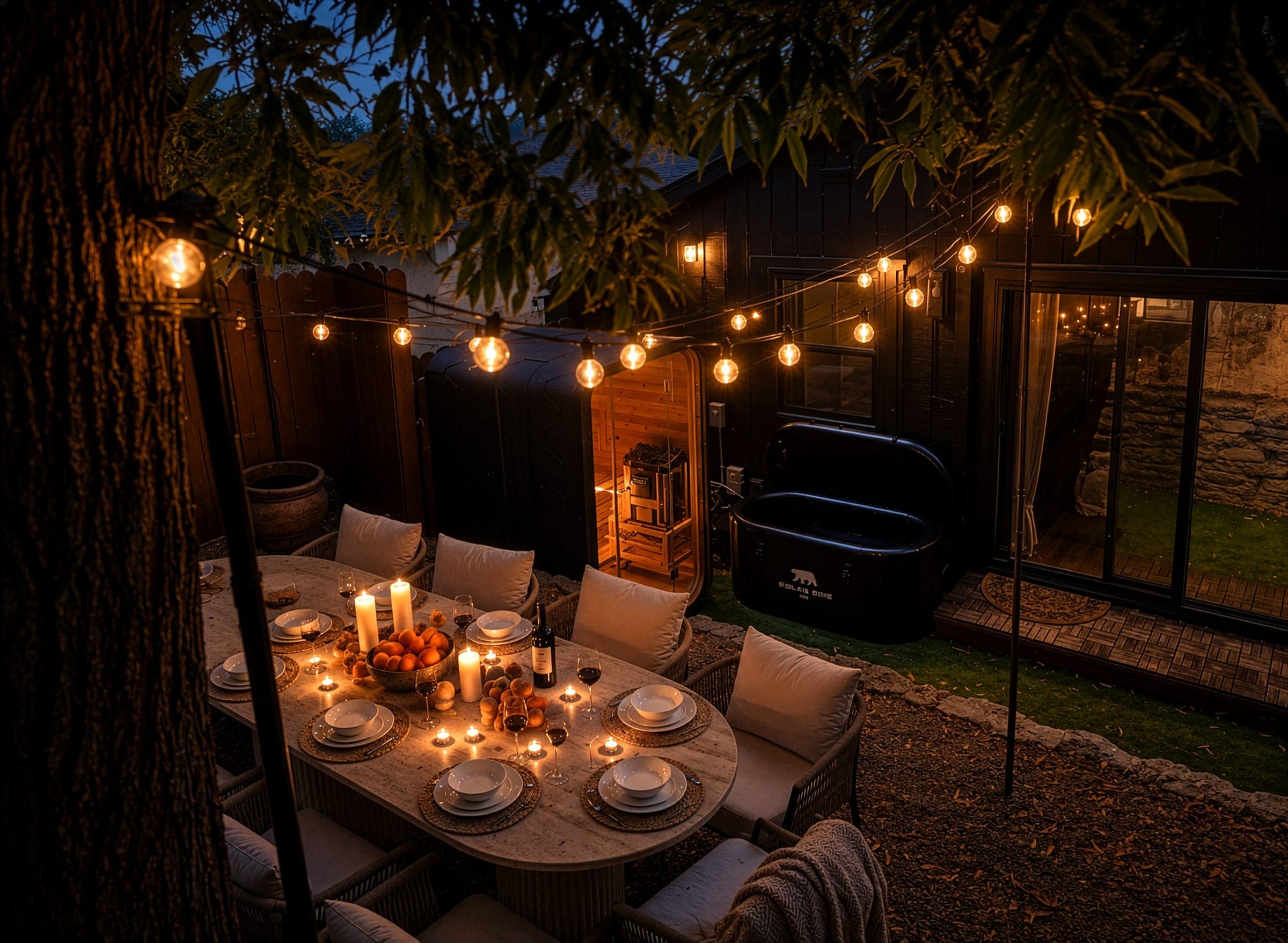 The garden at dusk: a candlelit dinner table under string lights, the cedar sauna glowing and the cold plunge beside the black board-and-batten house